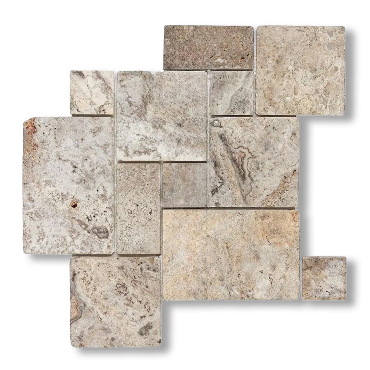Silver Travertine 4-Pieced OPUS Mini-Pattern Tumbled Mosaic Tile - American Tile Depot