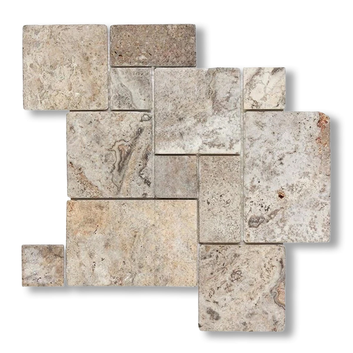 Silver Travertine 4-Pieced OPUS Mini-Pattern Tumbled Mosaic Tile - American Tile Depot