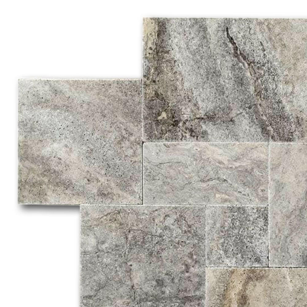 Silver Travertine Unfilled, Brushed & Chiseled French Pattern Tile Silver Travertine Unfilled, Brushed & Chiseled French Pattern Tile - American Tile Depot