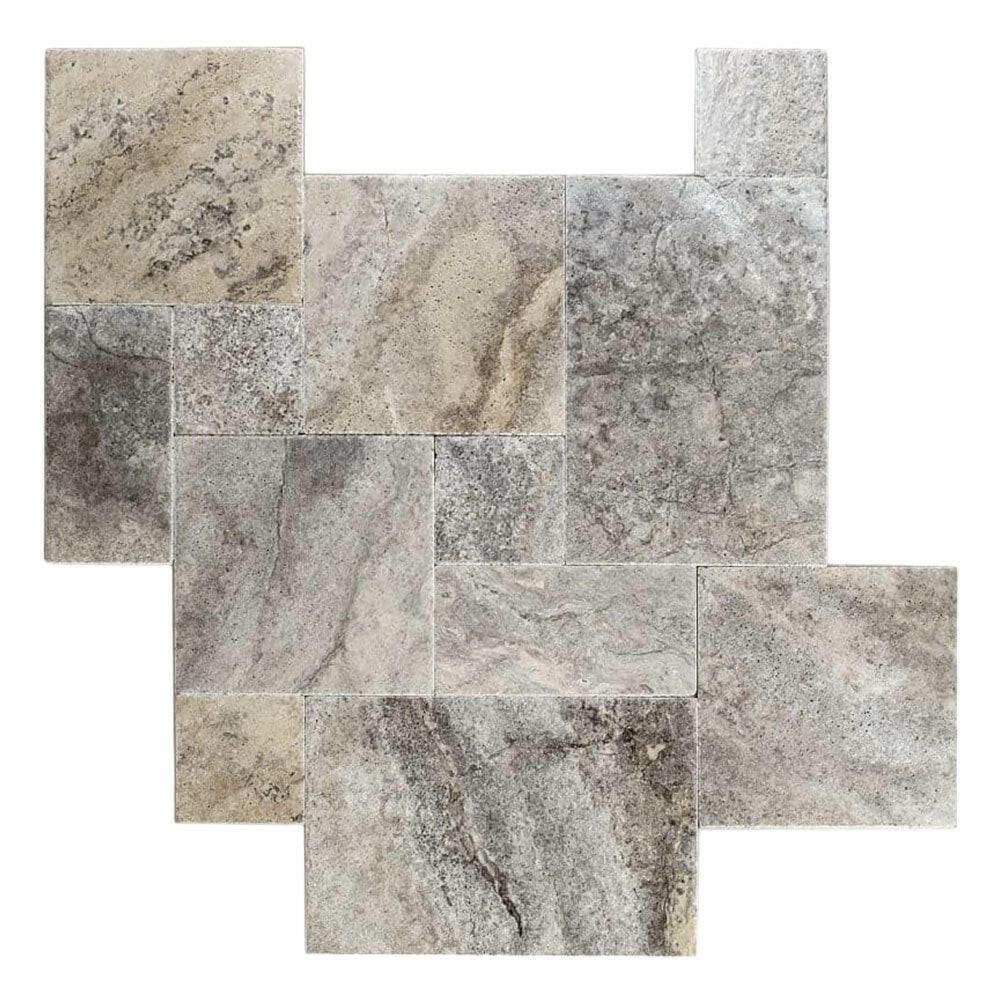Silver Travertine Unfilled, Brushed & Chiseled French Pattern Tile Silver Travertine Unfilled, Brushed & Chiseled French Pattern Tile - American Tile Depot