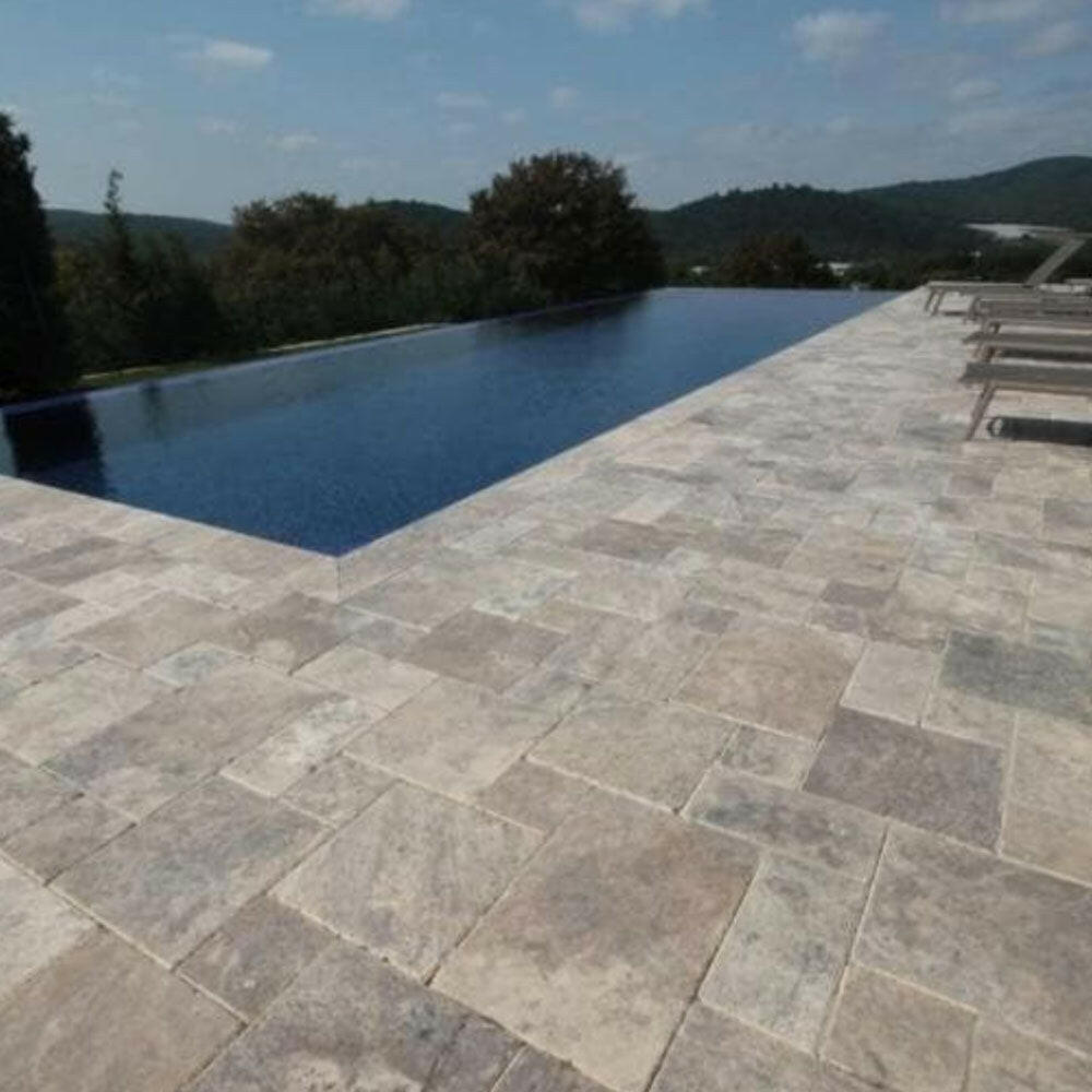 Silver Travertine Unfilled, Brushed & Chiseled French Pattern Tile Silver Travertine Unfilled, Brushed & Chiseled French Pattern Tile - American Tile Depot