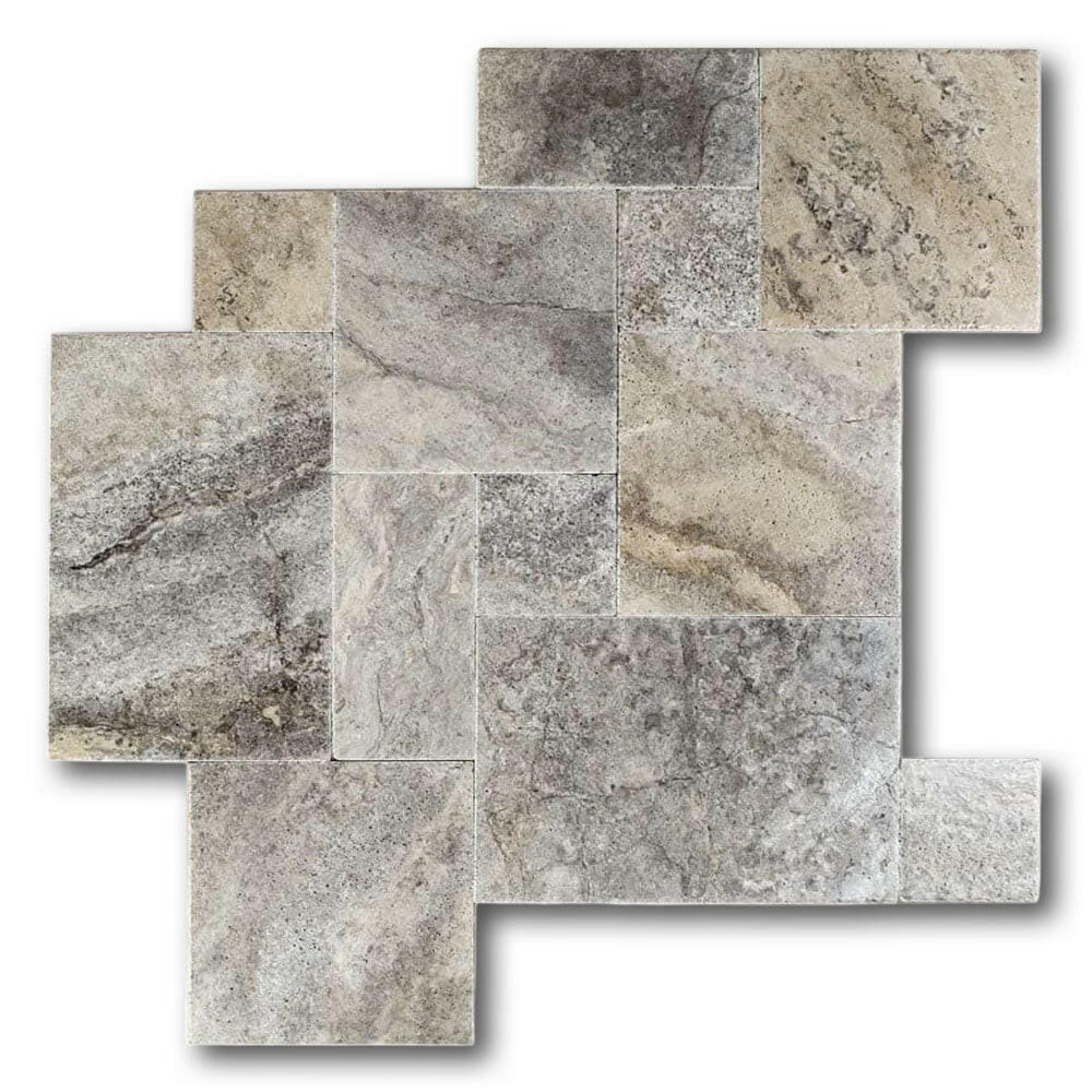 Silver Travertine Unfilled, Brushed & Chiseled French Pattern Tile Silver Travertine Unfilled, Brushed & Chiseled French Pattern Tile - American Tile Depot