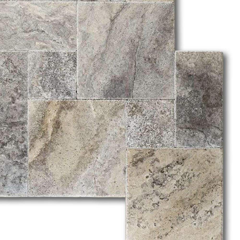 Silver Travertine Unfilled, Brushed & Chiseled French Pattern Tile Silver Travertine Unfilled, Brushed & Chiseled French Pattern Tile - American Tile Depot
