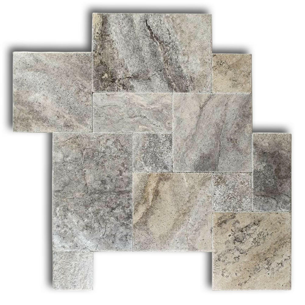 Silver Travertine Unfilled, Brushed & Chiseled French Pattern Tile Silver Travertine Unfilled, Brushed & Chiseled French Pattern Tile - American Tile Depot