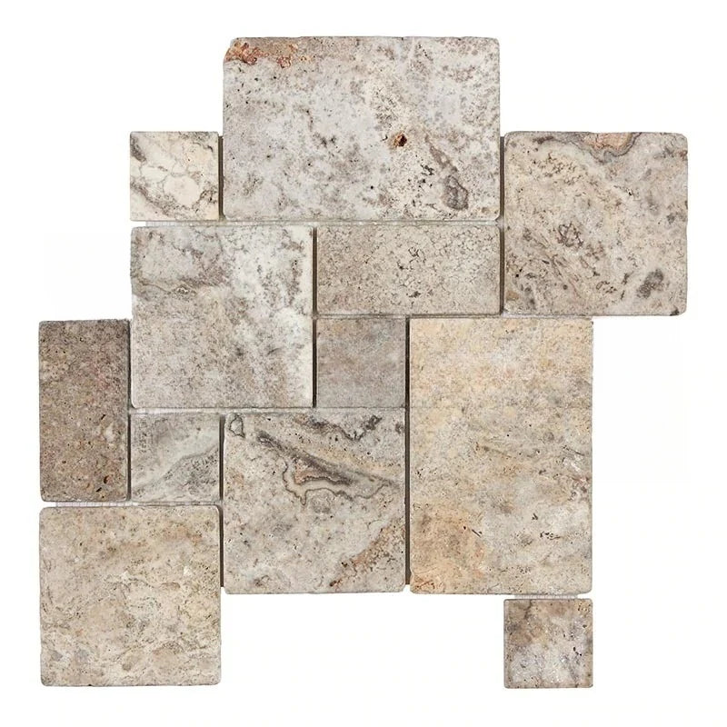 Silver Travertine 4-Pieced OPUS Mini-Pattern Tumbled Mosaic Tile