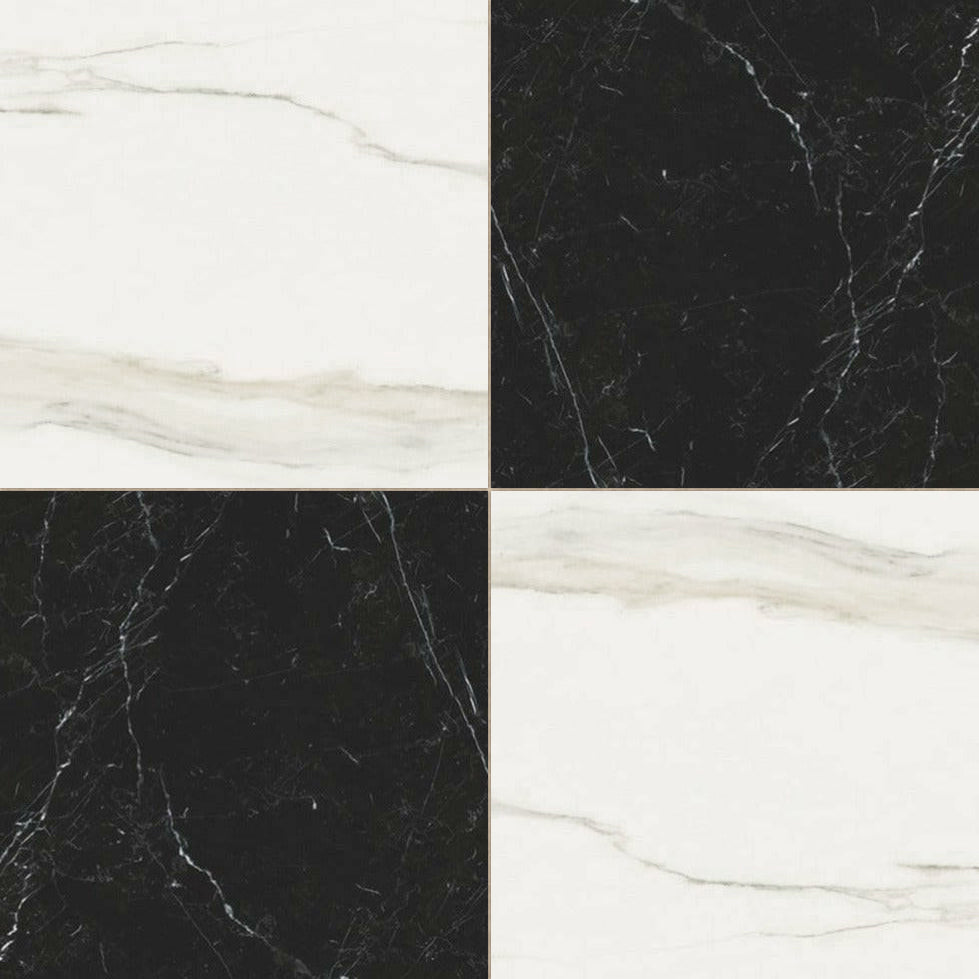 24x24 Checkerboard Tile - Solviera Black & White Glossy Marble Look Porcelain