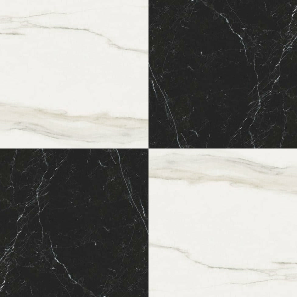 24x24 Checkerboard Tile - Solviera Black & White Glossy Marble Look Porcelain