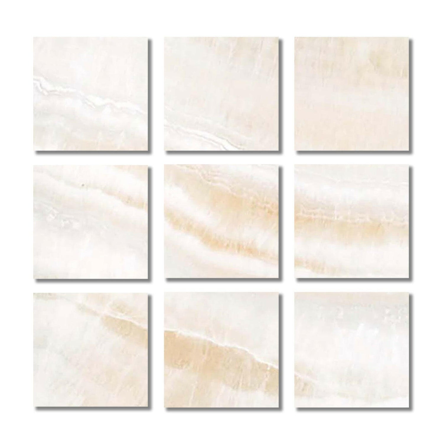 Special Cut | 4x4 Premium White Onyx VEIN-CUT Polished Tile Special Cut | 4x4 Premium White Onyx VEIN-CUT Polished Tile - American Tile Depot