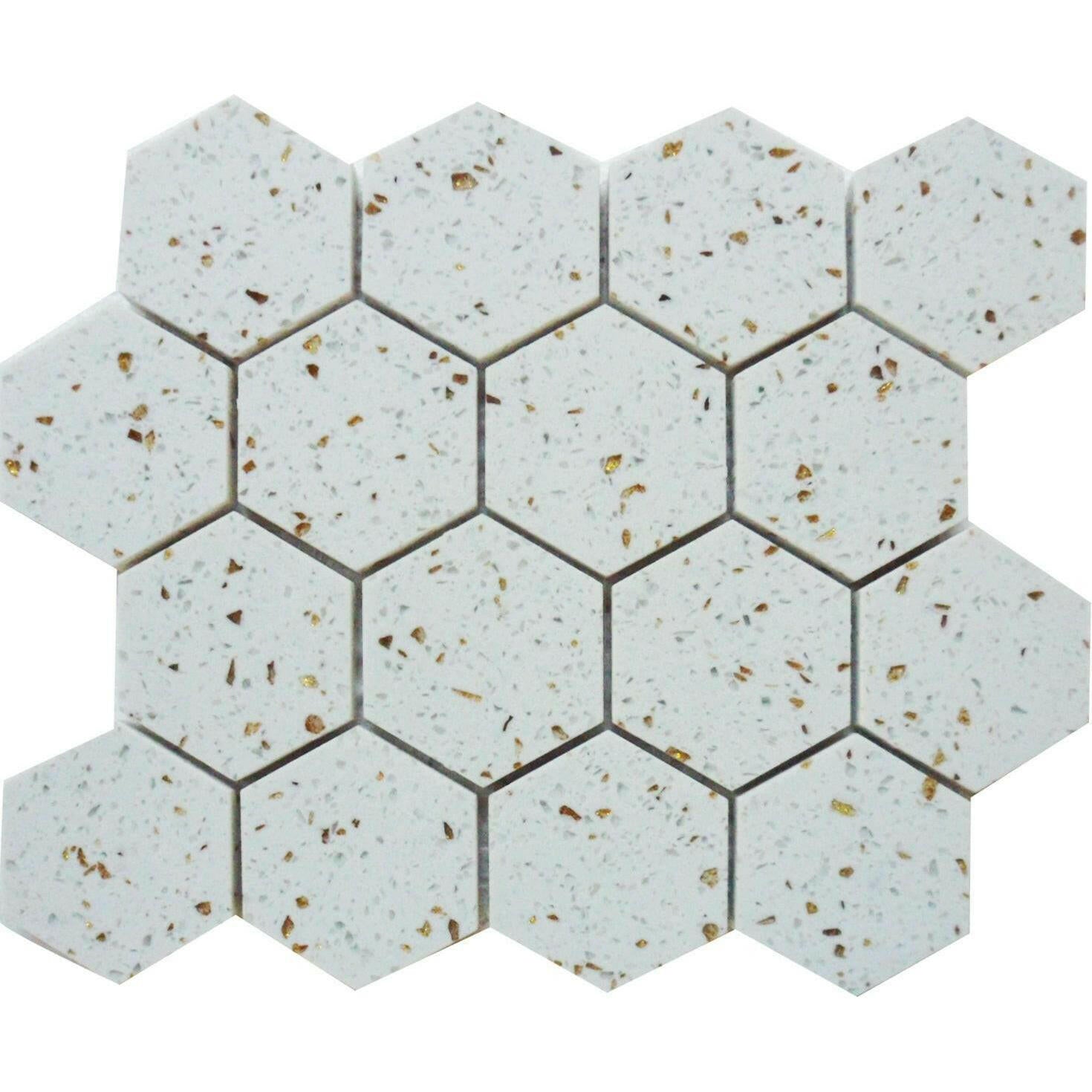 Terrazzo Gold Marble Polished 3" Hexagon Mosaic Tile Terrazzo Gold Marble Polished 3" Hexagon Mosaic Tile - American Tile Depot