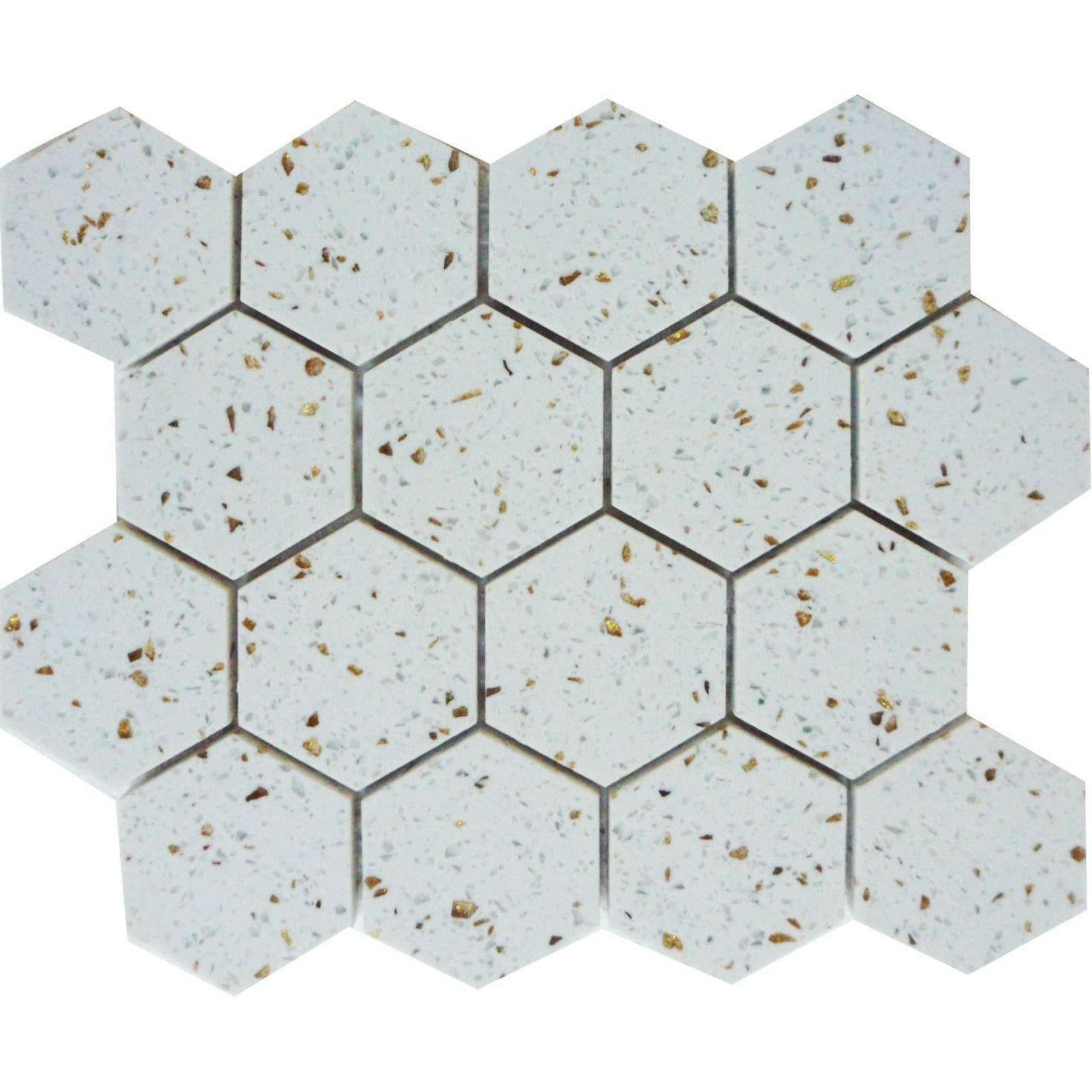 Terrazzo Gold Marble Polished 3" Hexagon Mosaic Tile Terrazzo Gold Marble Polished 3" Hexagon Mosaic Tile - American Tile Depot