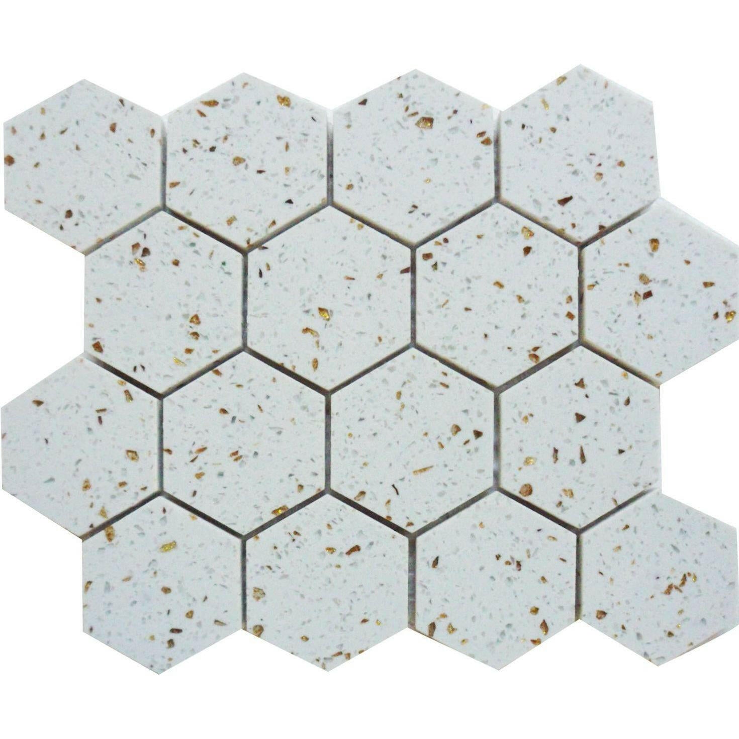 Terrazzo Gold Marble Polished 3" Hexagon Mosaic Tile Terrazzo Gold Marble Polished 3" Hexagon Mosaic Tile - American Tile Depot