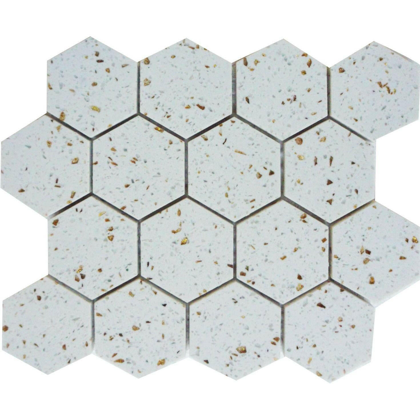 Terrazzo Gold Marble Polished 3" Hexagon Mosaic Tile Terrazzo Gold Marble Polished 3" Hexagon Mosaic Tile - American Tile Depot