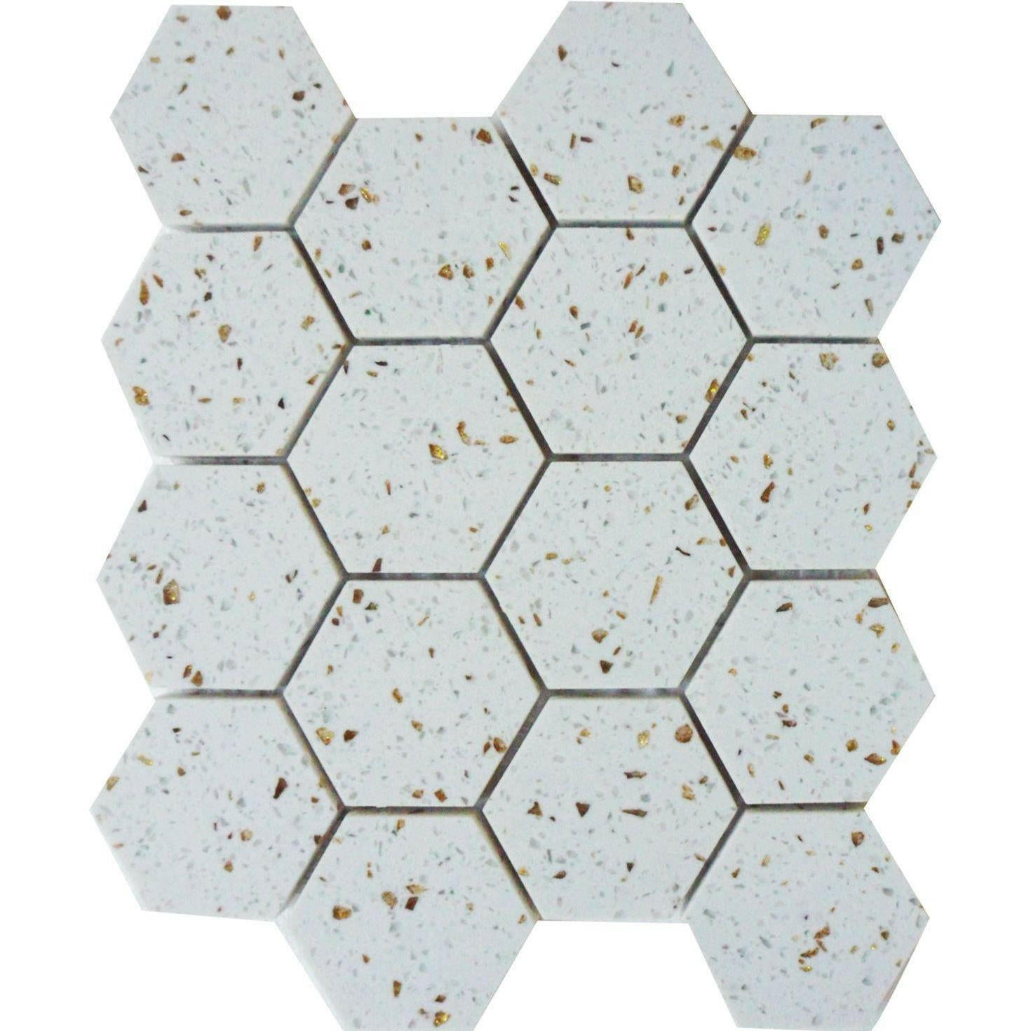 Terrazzo Gold Marble Polished 3" Hexagon Mosaic Tile Terrazzo Gold Marble Polished 3" Hexagon Mosaic Tile - American Tile Depot