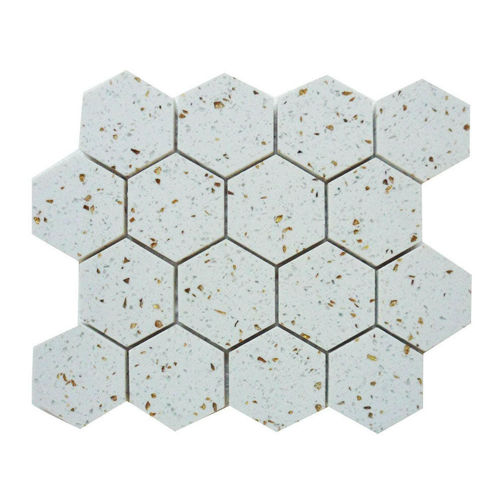 Terrazzo Gold Marble Polished 3" Hexagon Mosaic Tile Terrazzo Gold Marble Polished 3" Hexagon Mosaic Tile - American Tile Depot