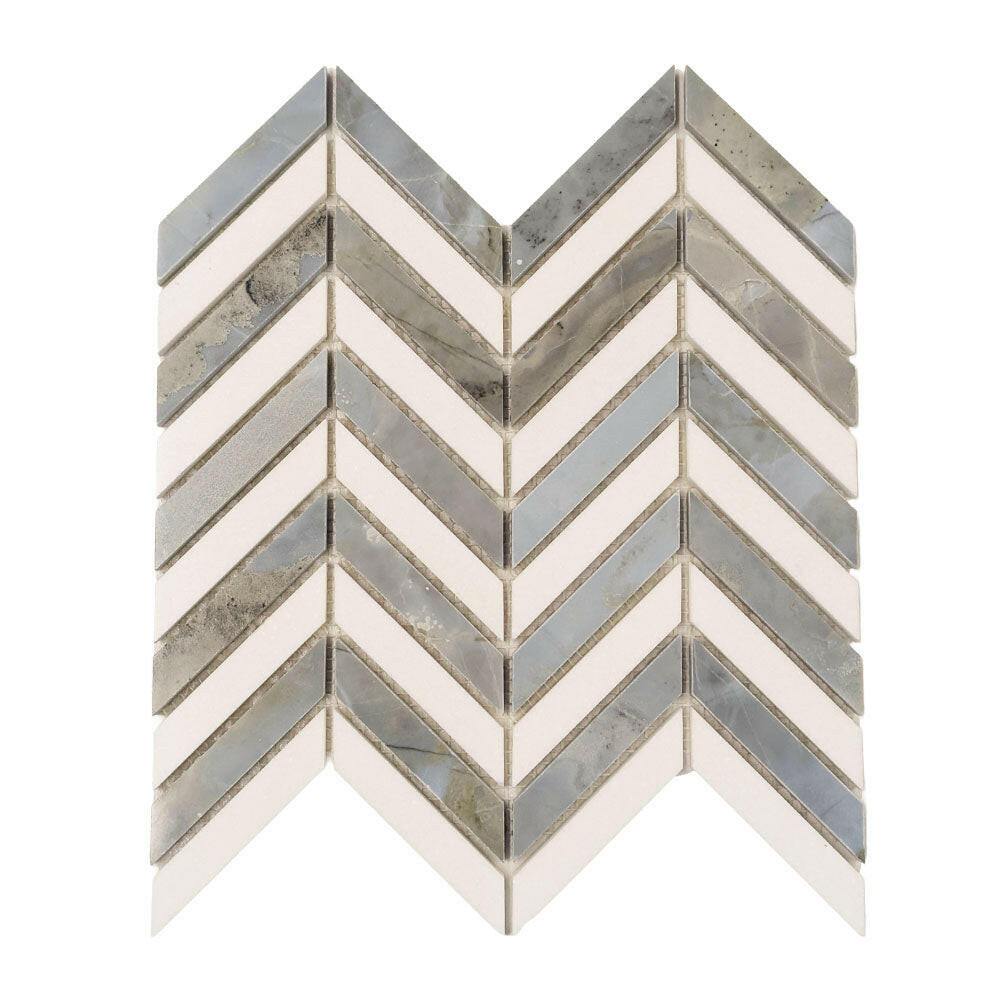 Thassos White & Blue-Grey Marble Chevron Blue Marble Mosaic Polished Tile Thassos White & Blue-Grey Marble Chevron Blue Marble Mosaic Polished Tile - American Tile Depot