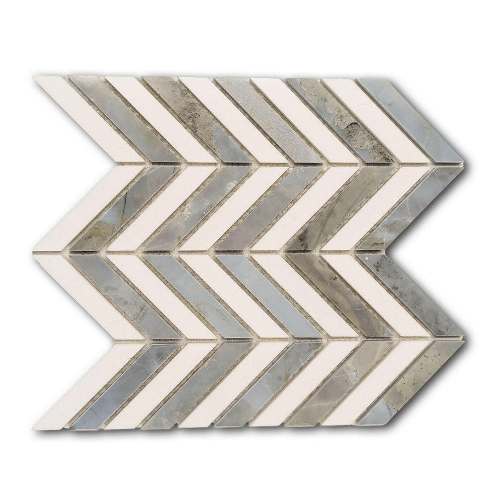 Thassos White & Blue-Grey Marble Chevron Blue Marble Mosaic Polished Tile Thassos White & Blue-Grey Marble Chevron Blue Marble Mosaic Polished Tile - American Tile Depot