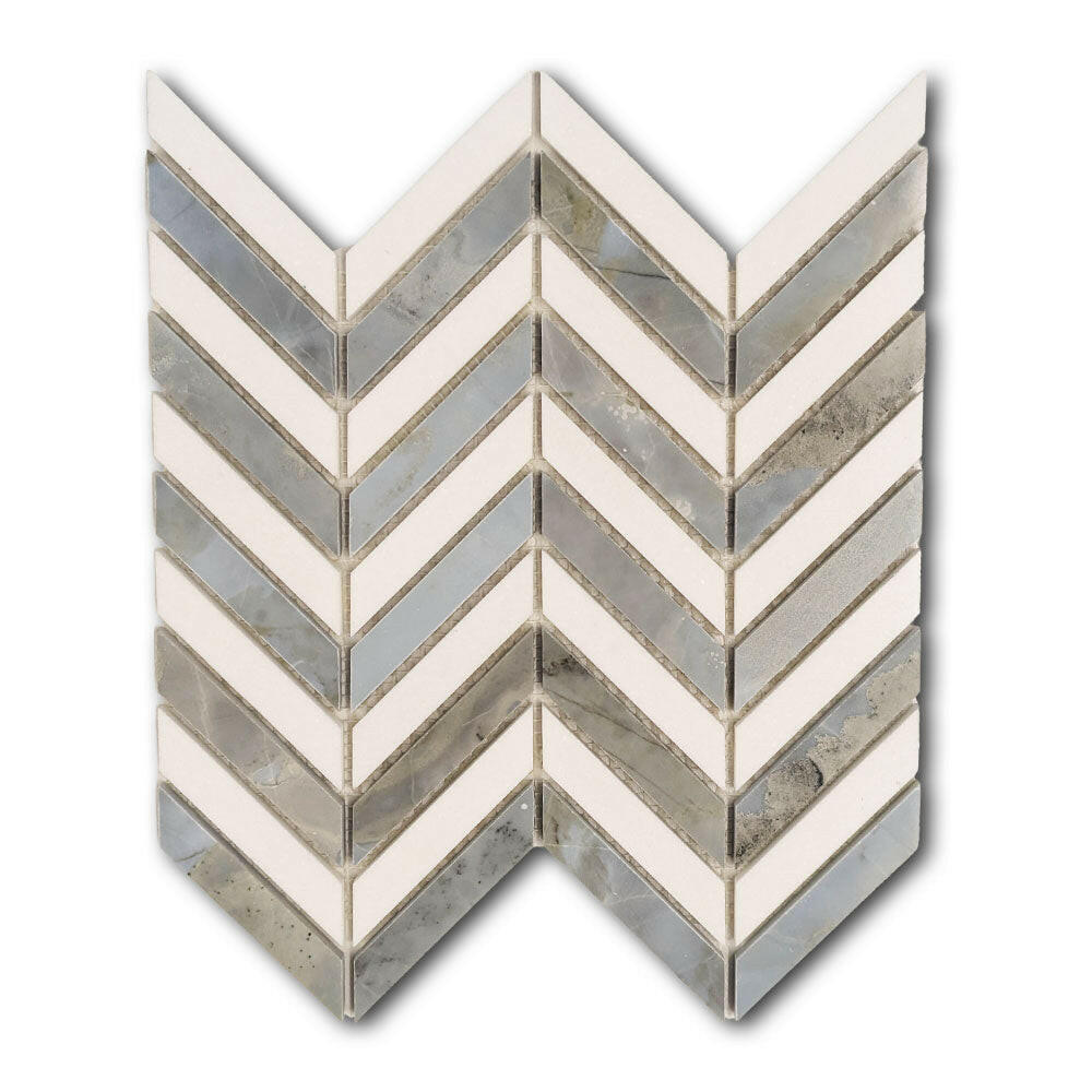 Thassos White & Blue-Grey Marble Chevron Blue Marble Mosaic Polished Tile Thassos White & Blue-Grey Marble Chevron Blue Marble Mosaic Polished Tile - American Tile Depot