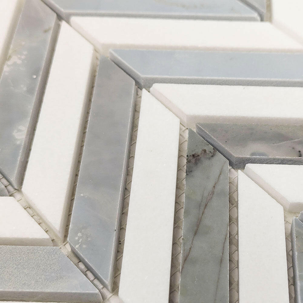 Thassos White & Blue-Grey Marble Chevron Blue Marble Mosaic Polished Tile Thassos White & Blue-Grey Marble Chevron Blue Marble Mosaic Polished Tile - American Tile Depot