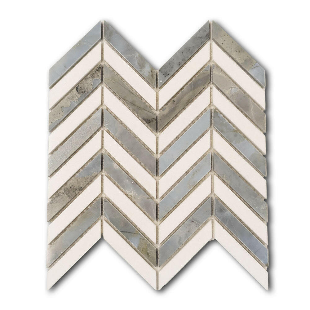 Thassos White & Blue-Grey Marble Chevron Blue Marble Mosaic Polished Tile Thassos White & Blue-Grey Marble Chevron Blue Marble Mosaic Polished Tile - American Tile Depot