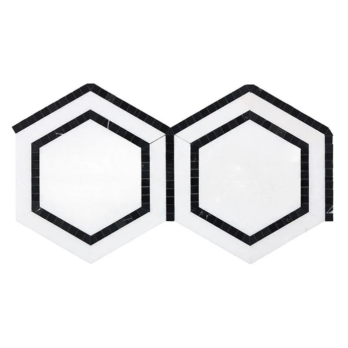 Thassos White Marble Polished 5" Hexagon Combination Mosaic Tile w/ Black Border Thassos White Marble Polished 5" Hexagon Combination Mosaic Tile w/ Black Border - American Tile Depot