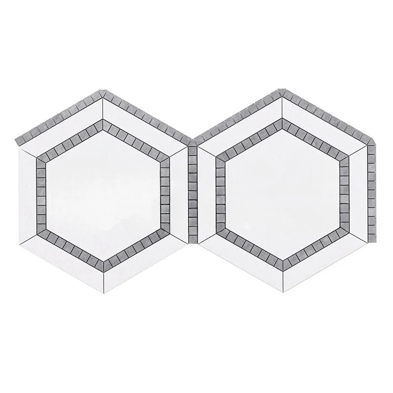 Thassos White Marble Honed 5" Hexagon Combination Mosaic Tile w/ Blue-Gray Border Thassos White Marble Honed 5" Hexagon Combination Mosaic Tile w/ Blue-Gray Border - American Tile Depot