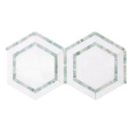 Thassos White Marble Honed 5" Hexagon Combination Mosaic Tile w/ Ming Green Border Thassos White Marble Honed 5" Hexagon Combination Mosaic Tile w/ Ming Green Border - American Tile Depot