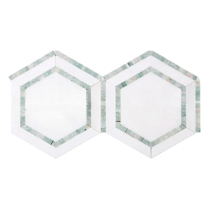 Thassos White Marble Honed 5" Hexagon Combination Mosaic Tile w/ Ming Green Border Thassos White Marble Honed 5" Hexagon Combination Mosaic Tile w/ Ming Green Border - American Tile Depot