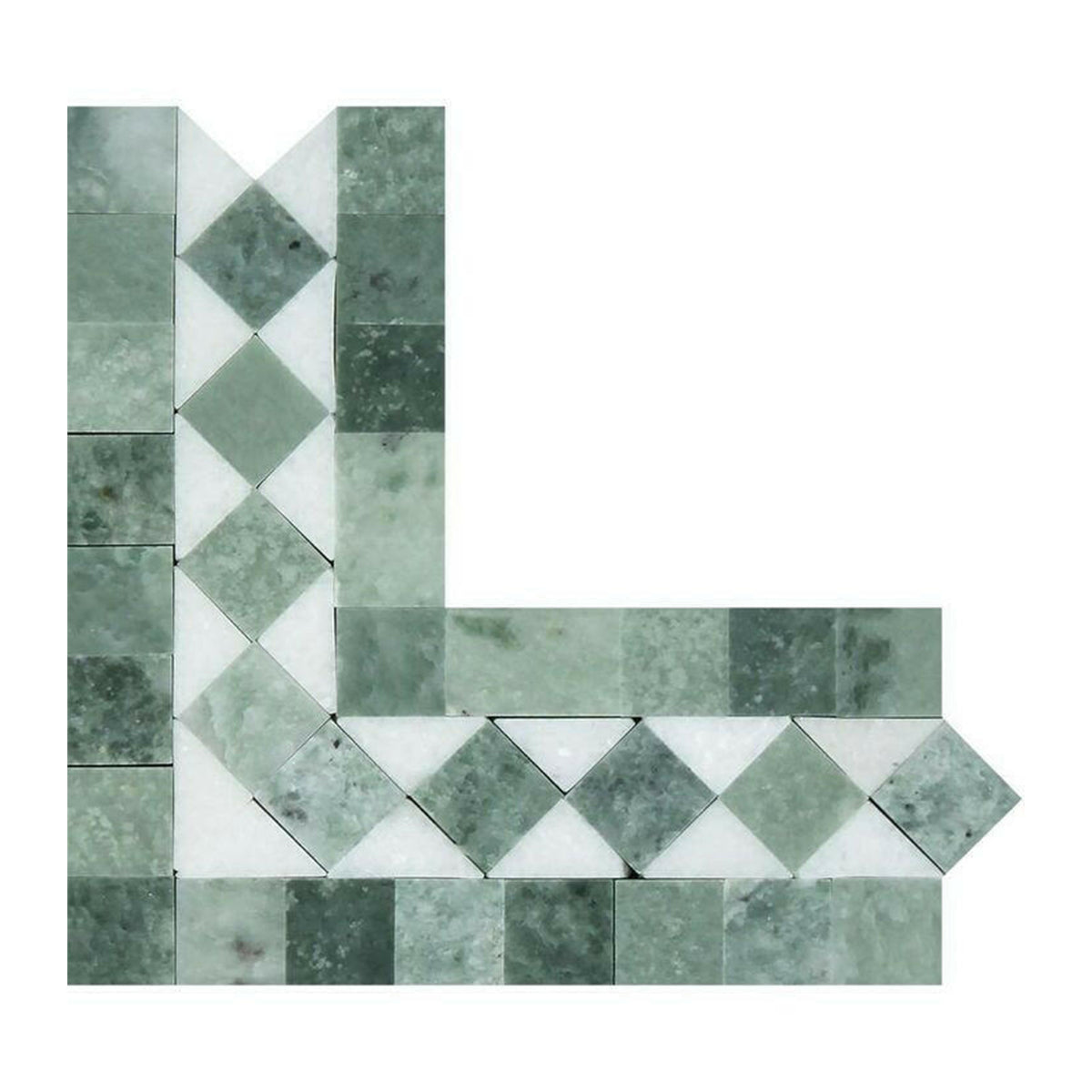 Thassos White Marble Polished BIAS Border Corner Listello w/ Ming Green Dots