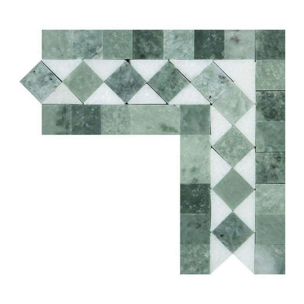 Thassos White Marble Polished BIAS Border Corner Listello w/ Ming Green Dots