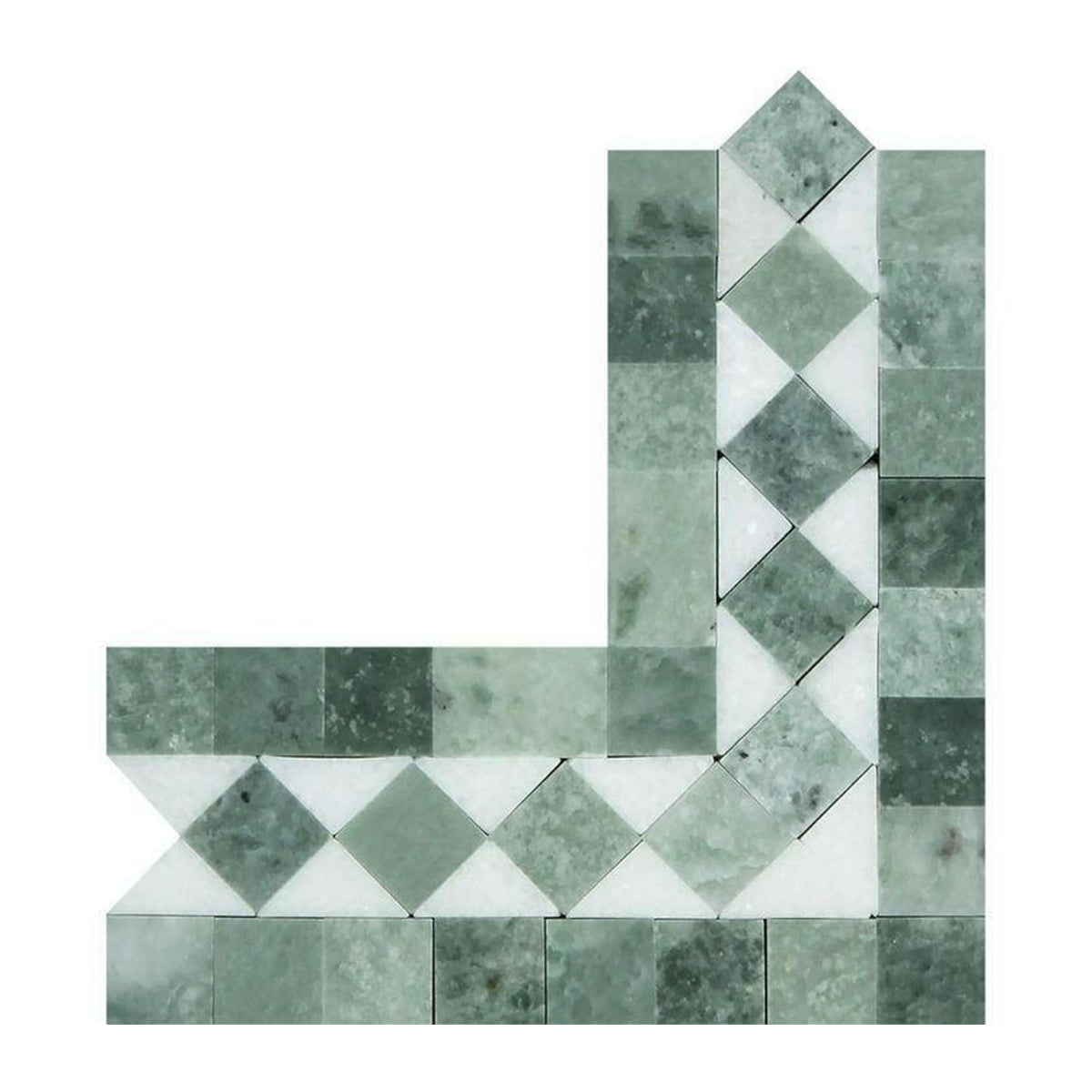 Thassos White Marble Honed BIAS Border Corner Listello w/ Ming Green Dots