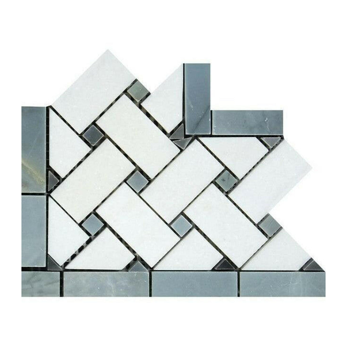 Thassos White Marble Honed Basketweave Border Corner w/ Blue-Gray Dots