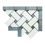 Thassos White Marble Honed Basketweave Border Corner w/ Blue-Gray Dots - American Tile Depot