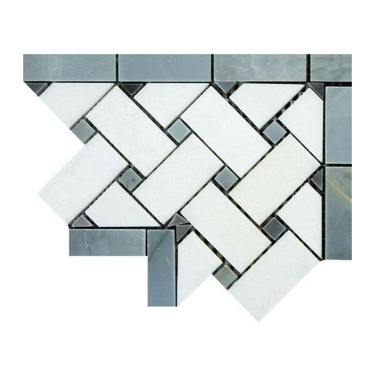 Thassos White Marble Polished Basketweave Border Corner w/ Blue-Gray Dots - American Tile Depot