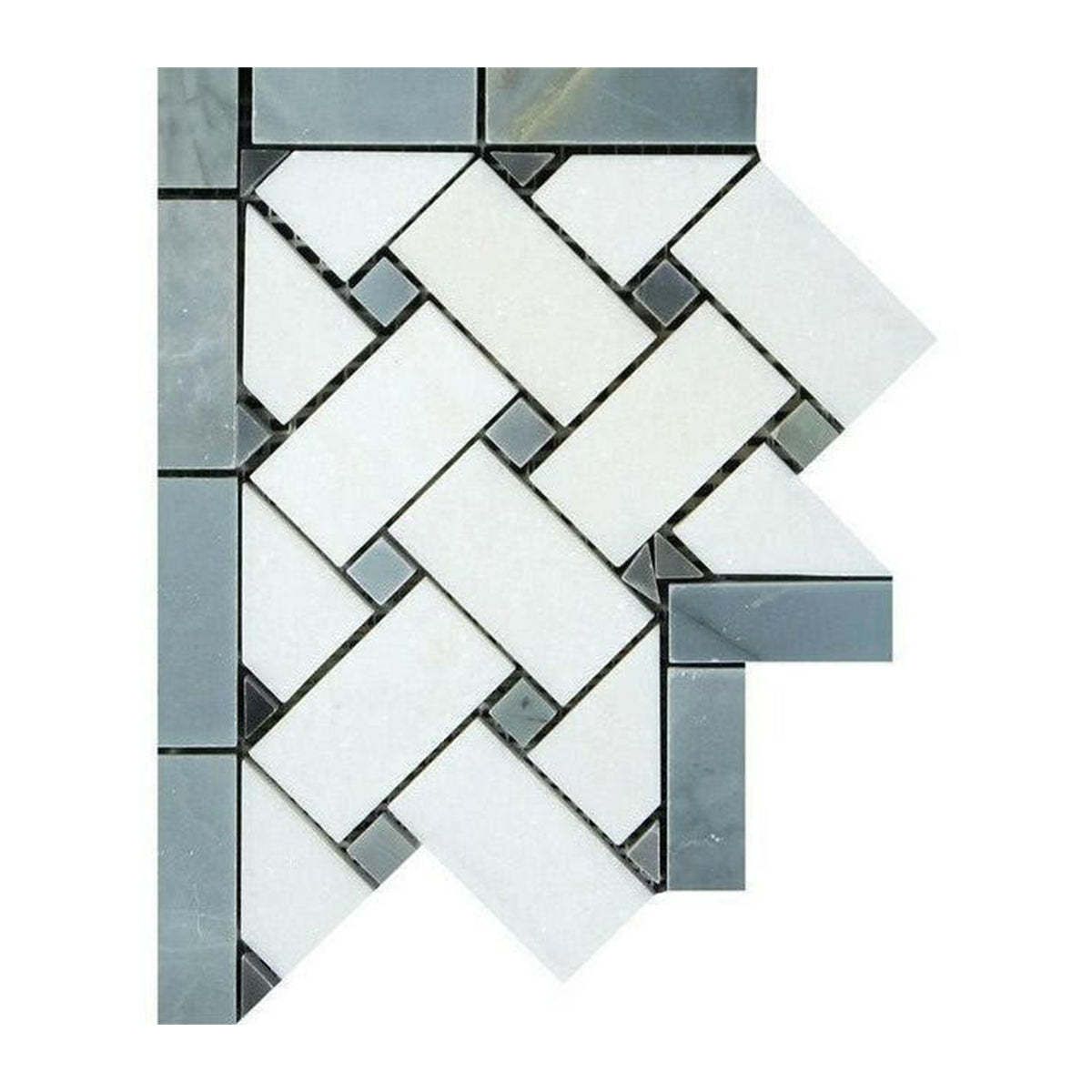 Thassos White Marble Polished Basketweave Border Corner w/ Blue-Gray Dots