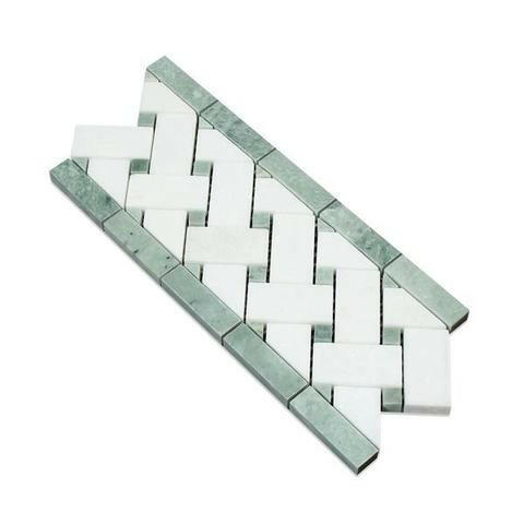 Thassos White Marble Honed Basketweave Border Listello w / Ming Green Dots-Marble Border-American Tile Depot