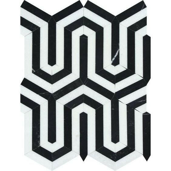 Thassos White Marble Honed Berlinetta Mosaic Tile w/ Black Strips Thassos White Marble Honed Berlinetta Mosaic Tile w/ Black Strips - American Tile Depot
