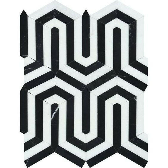Thassos White Marble Honed Berlinetta Mosaic Tile w/ Black Strips Thassos White Marble Honed Berlinetta Mosaic Tile w/ Black Strips - American Tile Depot