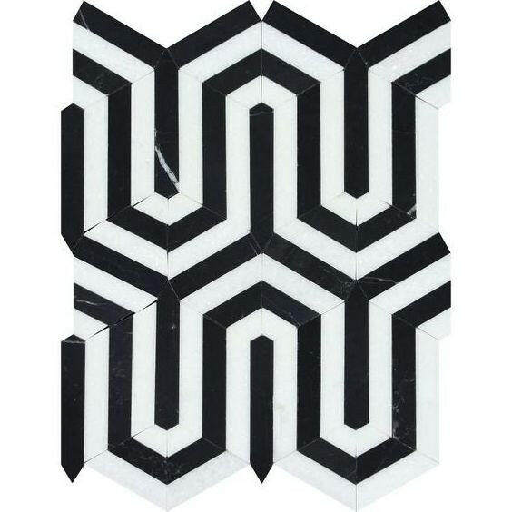 Thassos White Marble Honed Berlinetta Mosaic Tile w/ Black Strips Thassos White Marble Honed Berlinetta Mosaic Tile w/ Black Strips - American Tile Depot