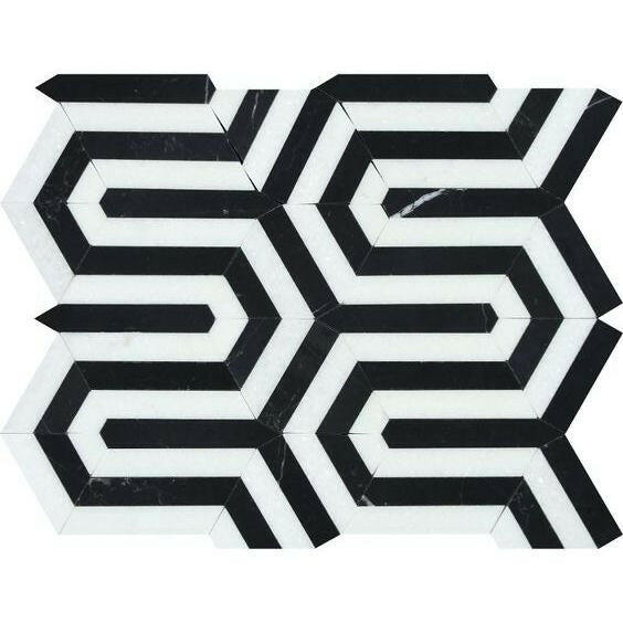 Thassos White Marble Honed Berlinetta Mosaic Tile w/ Black Strips Thassos White Marble Honed Berlinetta Mosaic Tile w/ Black Strips - American Tile Depot