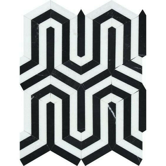 Thassos White Marble Honed Berlinetta Mosaic Tile w/ Black Strips Thassos White Marble Honed Berlinetta Mosaic Tile w/ Black Strips - American Tile Depot