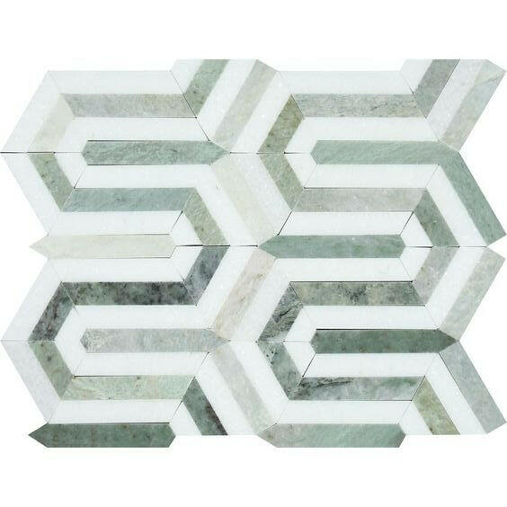 Thassos White Marble Honed Berlinetta Mosaic Tile w/ Ming-Green Strips Thassos White Marble Honed Berlinetta Mosaic Tile w/ Ming-Green Strips - American Tile Depot