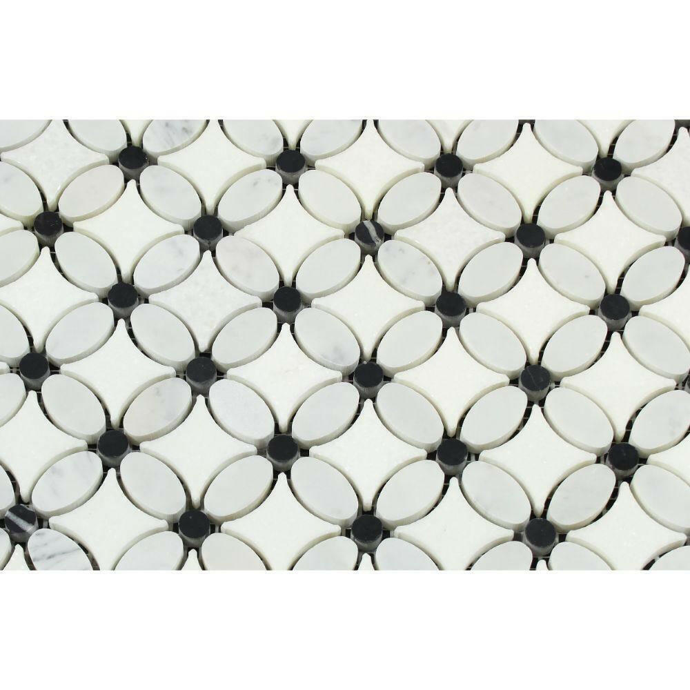 Thassos White Marble Honed Florida Flower Mosaic Tile w/ Black Dots Thassos White Marble Honed Florida Flower Mosaic Tile w/ Black Dots - American Tile Depot