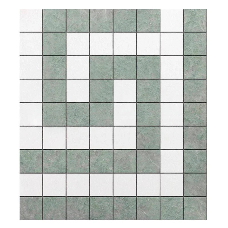 Thassos White Marble Honed Greek Key Border Corner w/ Ming Green Dots Thassos White Marble Honed Greek Key Border Corner w/ Ming Green Dots - American Tile Depot