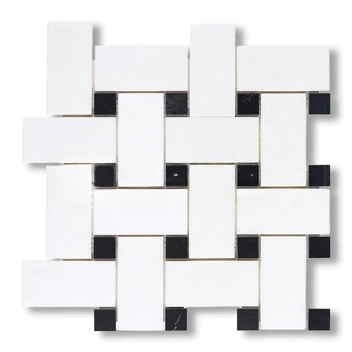 Thassos White Marble Polished Large Basketweave Mosaic Tile w/ Black Dots