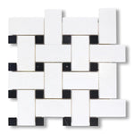 Thassos White Marble Honed Large Basketweave Mosaic Tile w/ Black Dots - American Tile Depot