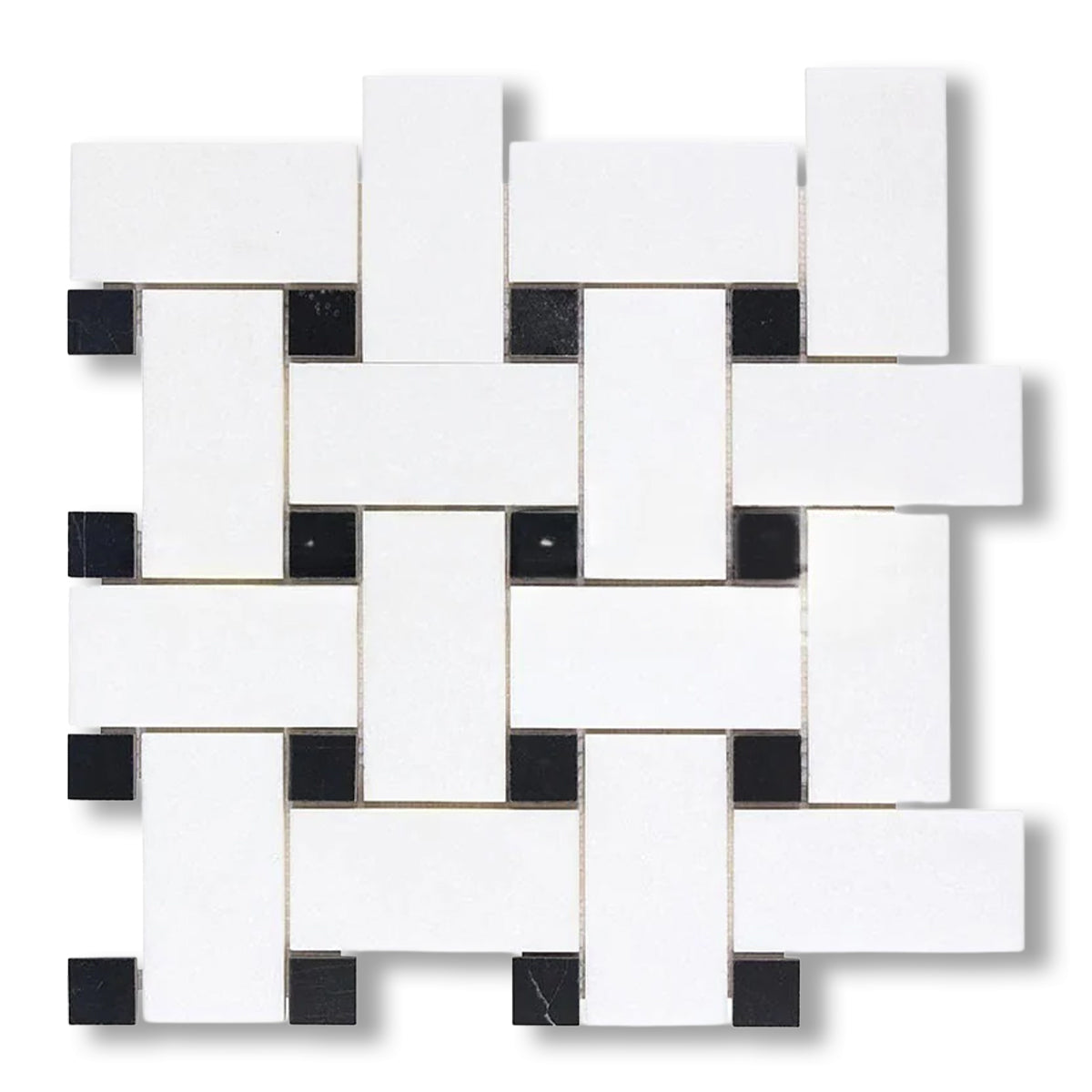 Thassos White Marble Polished Large Basketweave Mosaic Tile w/ Black Dots