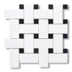 Thassos White Marble Polished Large Basketweave Mosaic Tile w/ Black Dots - American Tile Depot