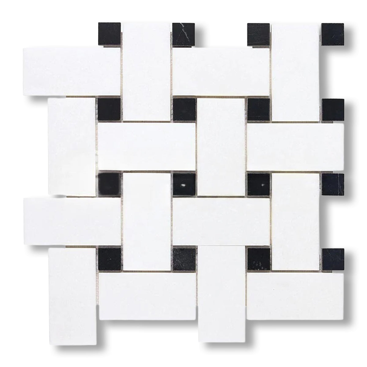 Thassos White Marble Polished Large Basketweave Mosaic Tile w/ Black Dots - American Tile Depot