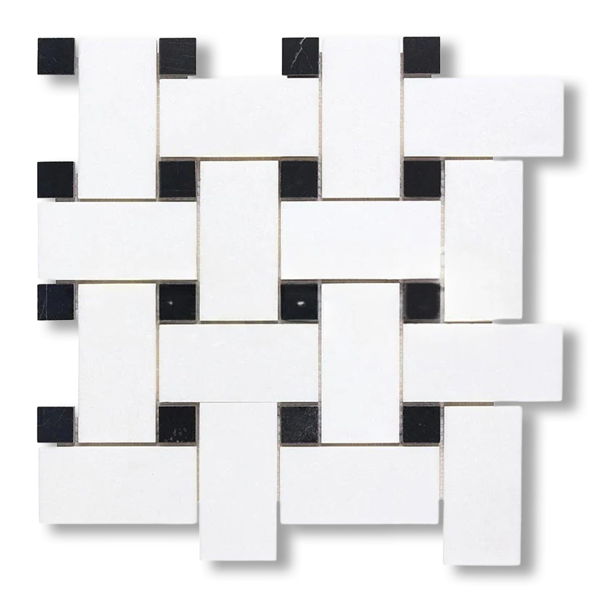 Thassos White Marble Honed Large Basketweave Mosaic Tile w/ Black Dots - American Tile Depot