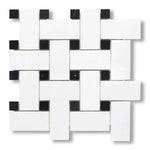 Thassos White Marble Polished Large Basketweave Mosaic Tile w/ Black Dots - American Tile Depot